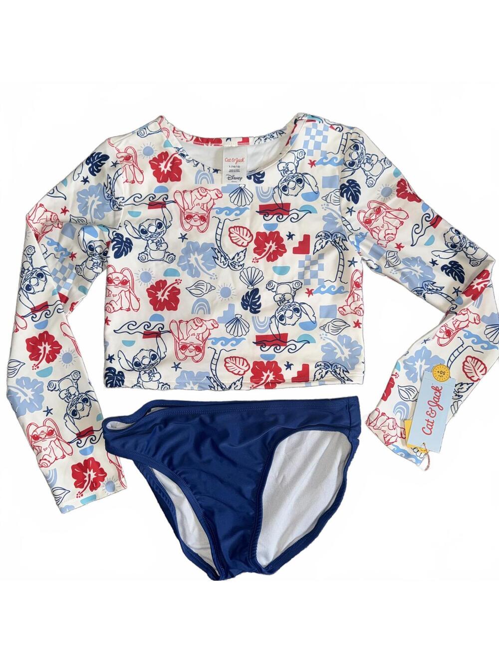Disney Stitch Girls Cat & Jack 2-Piece Rash Guard Swimsuit Set Large 10/12 NWT
